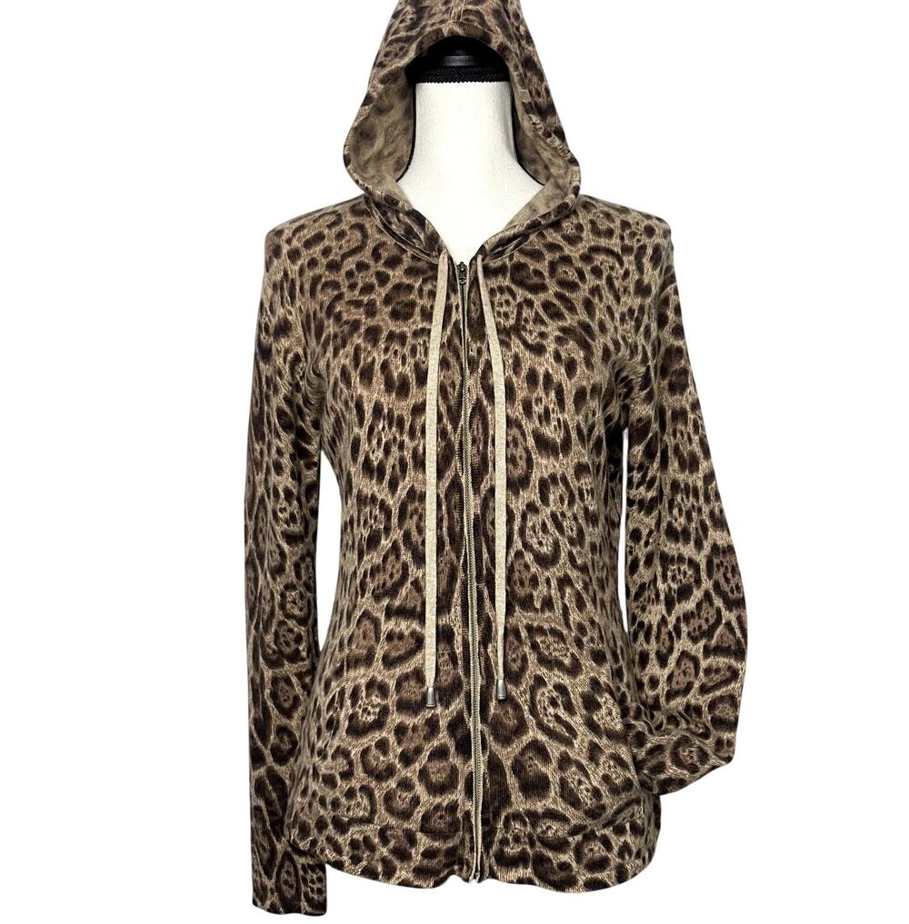 Pure Amici 100% Cashmere Leopard Print Zip Sweater Hooded Jacket Size Large